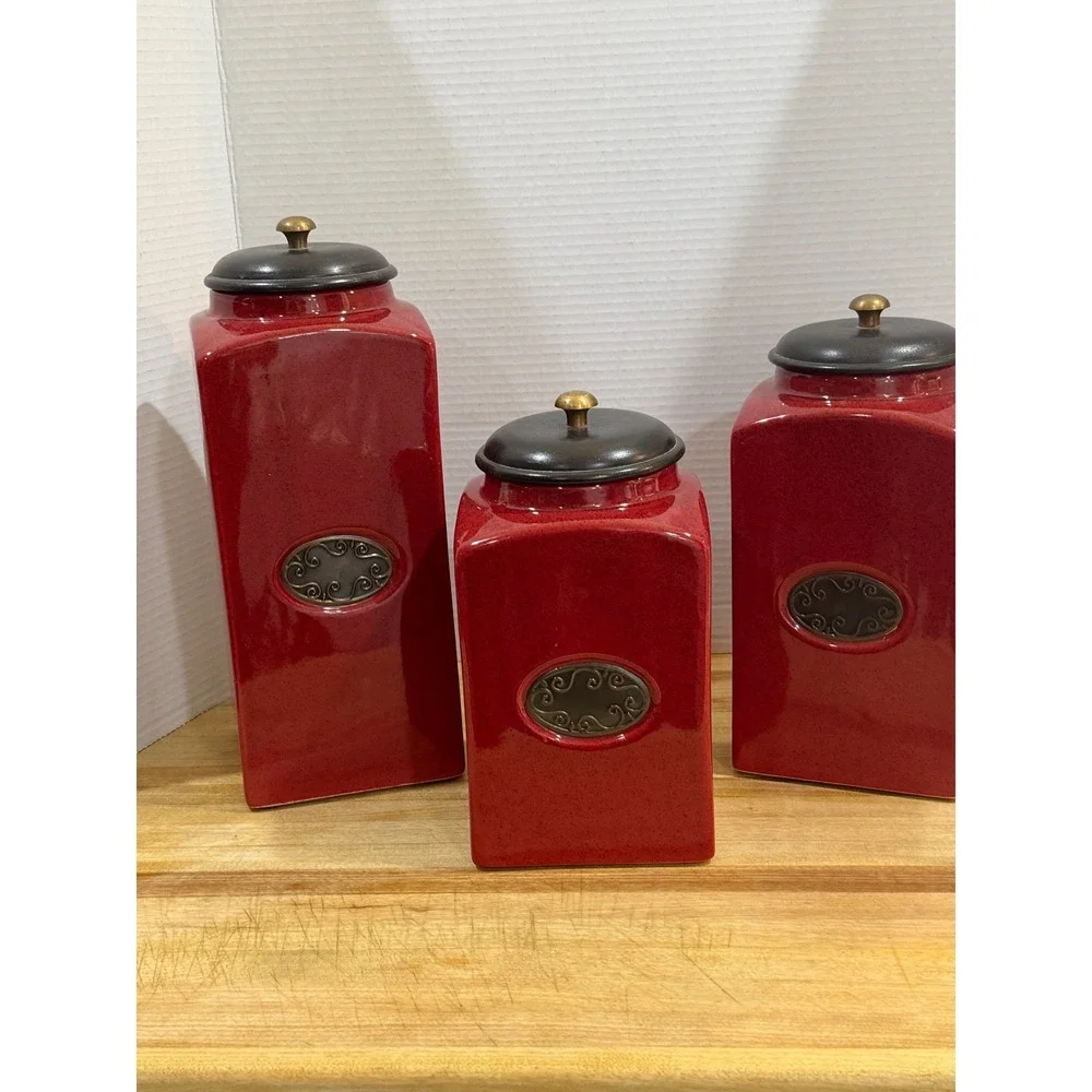 PIER 1 Import Rustic Brick Red 3 Ceramic Canister Jars Set Coffee Tea Sugar
